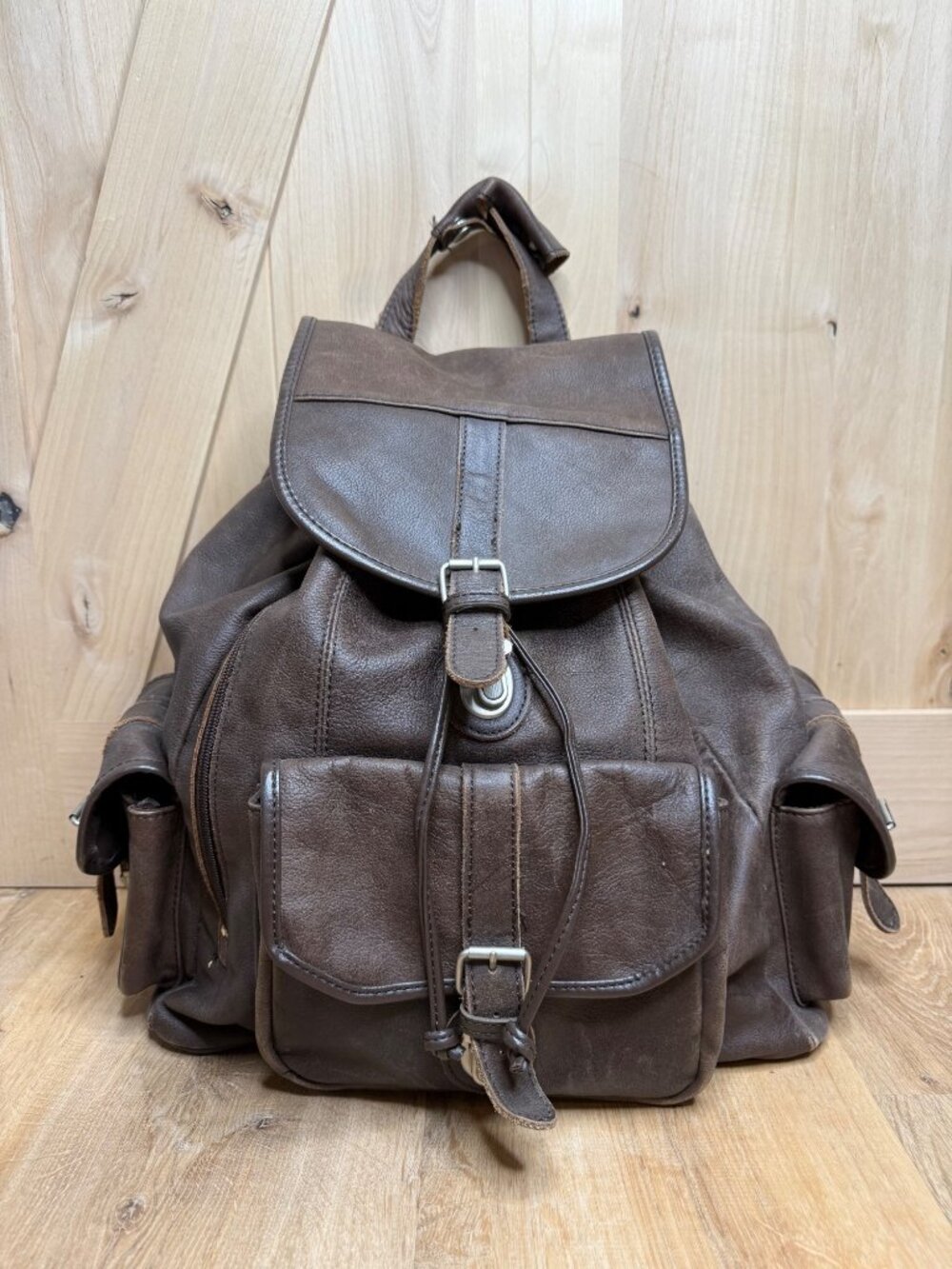 Vintage XL Genuine Cowhide Leather Backpack Brown Drawstring Buckle Flap Multi P